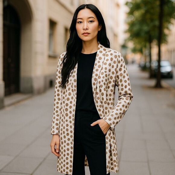 Ann Taylor Cream w/Taupe Dot Print Long Open Duster - Large - Picture 1 of 10